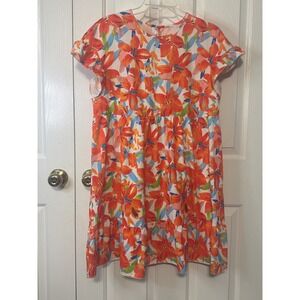 Boture Women Orange Blue Floral Ruffle Sleeve Tiered Babydoll Dress Size M